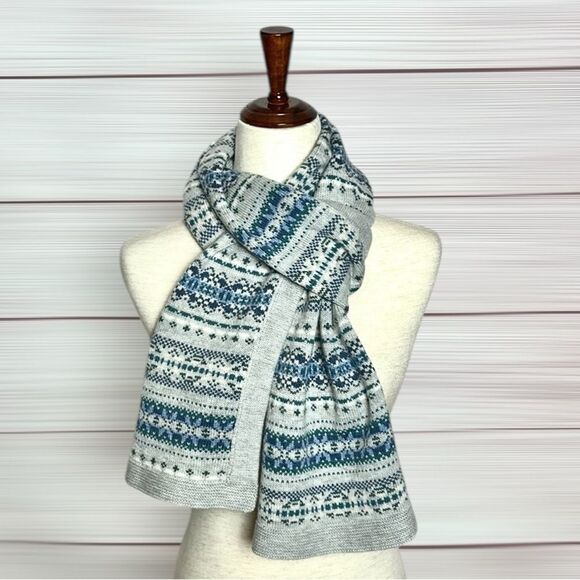 J.Mclaughlin Arthur Wool Knit Long Scarf Gray Blue White Fair Isle Pattern - Picture 1 of 8